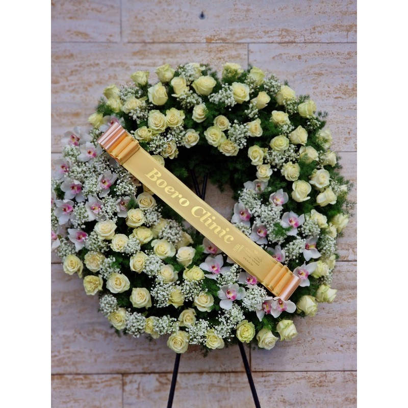 Corona di Fiori Lutto con Rose, Orchidee e Gypsophila