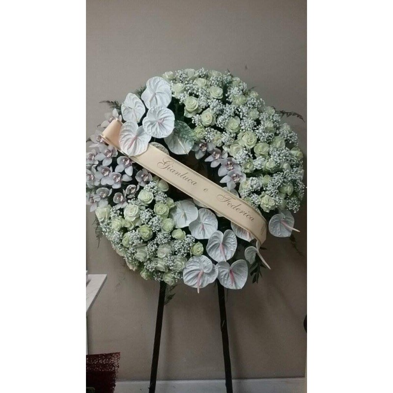 Corona di Fiori Lutto con Rose, Anthurium e Orchidee